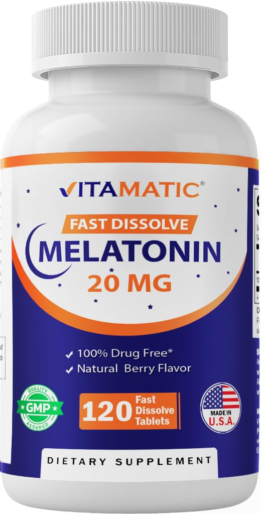 Front view of Vitamatic Melatonin 20 mg tablets with berry flavor