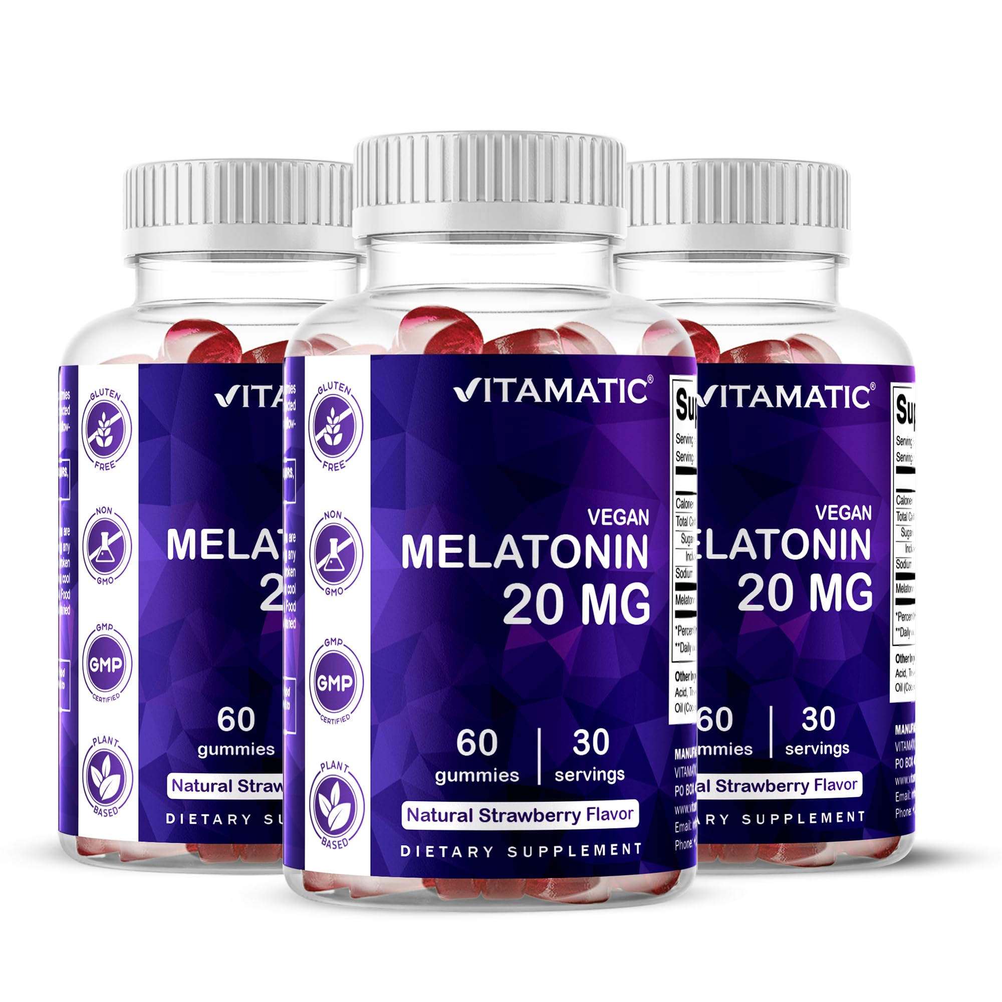 Front view of Vitamatic Melatonin Gummies 20 mg bottle