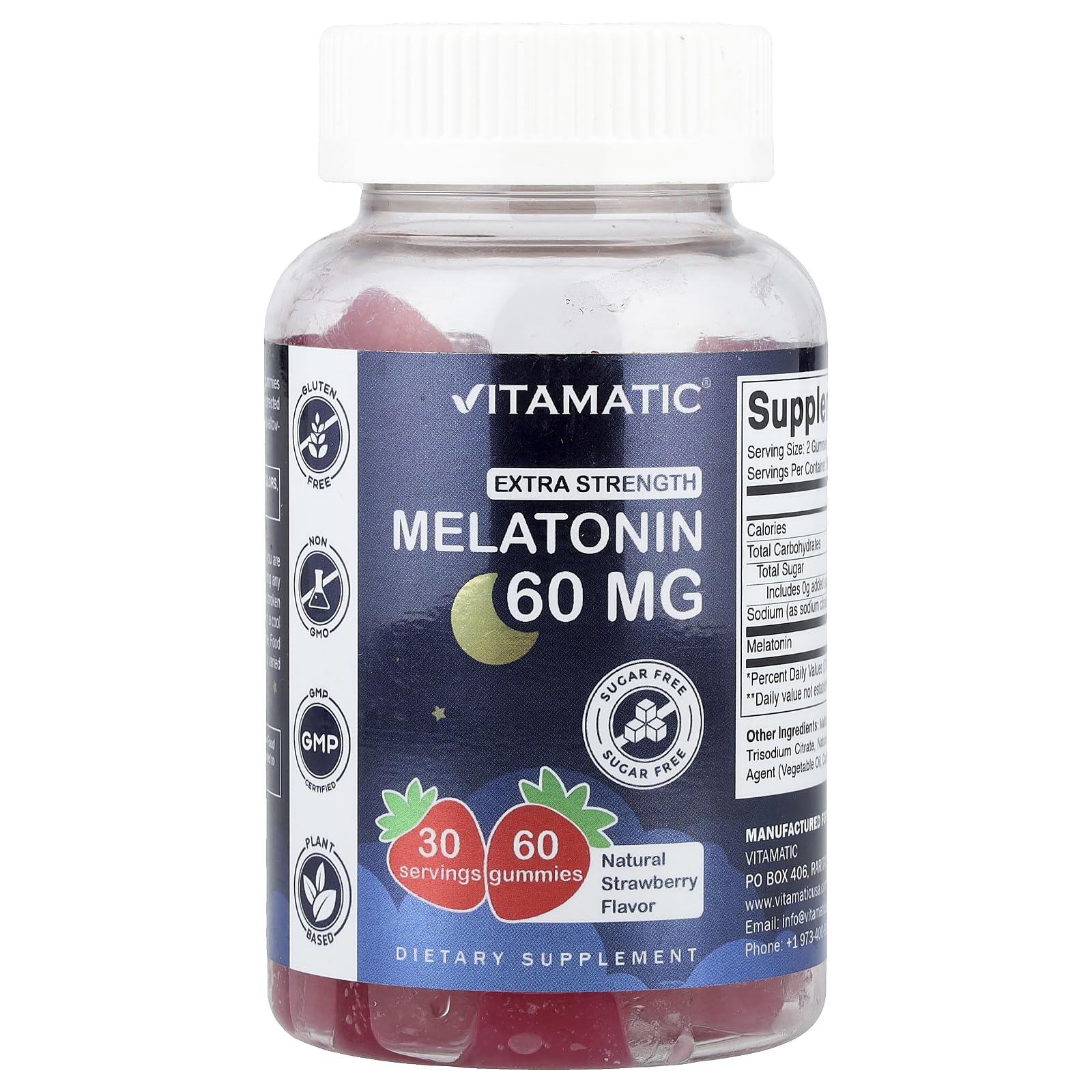Vitamatic Melatonin Gummies strawberry flavor bottle label
