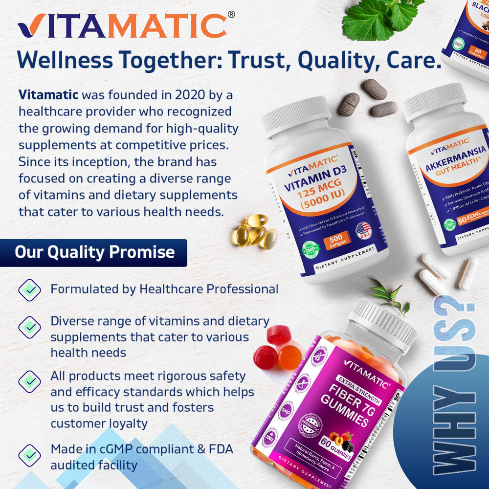 Label detail image highlighting Vitamatic ingredient list and no-fillers claim