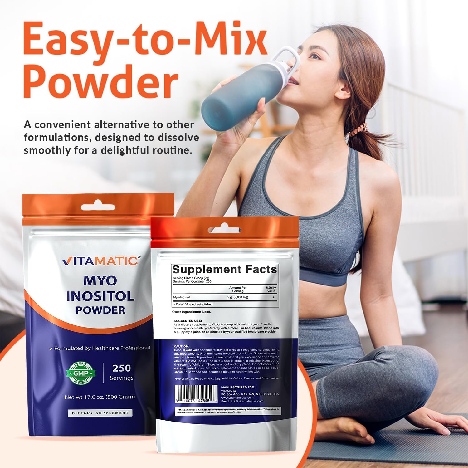 Close-up powder texture of Vitamatic myo-inositol showcasing fine mixable consistency