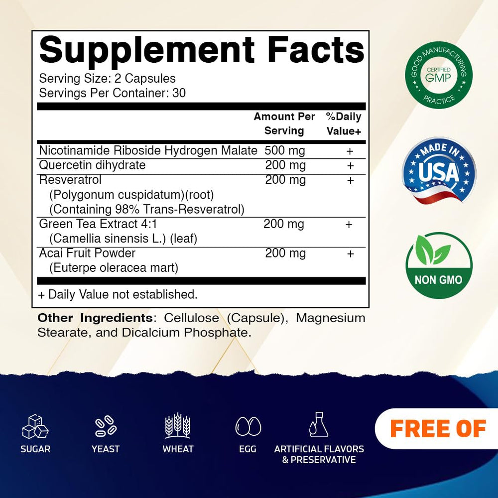 Close-up of label showing 1300mg Nicotinamide Riboside