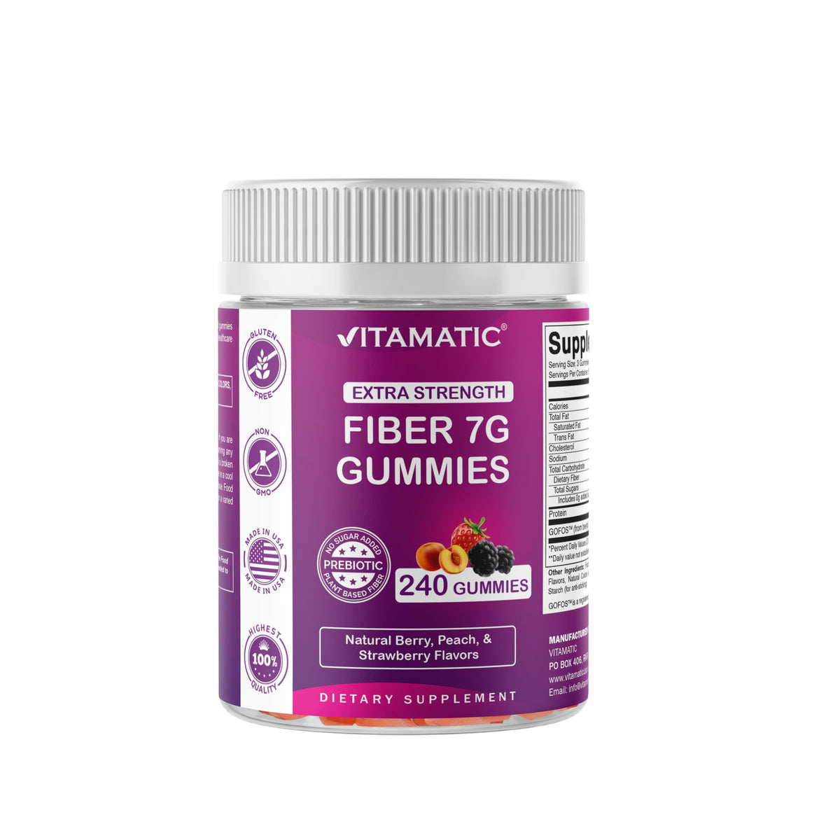 Vitamatic Prebiotic Fiber Gummies bottle on a white background