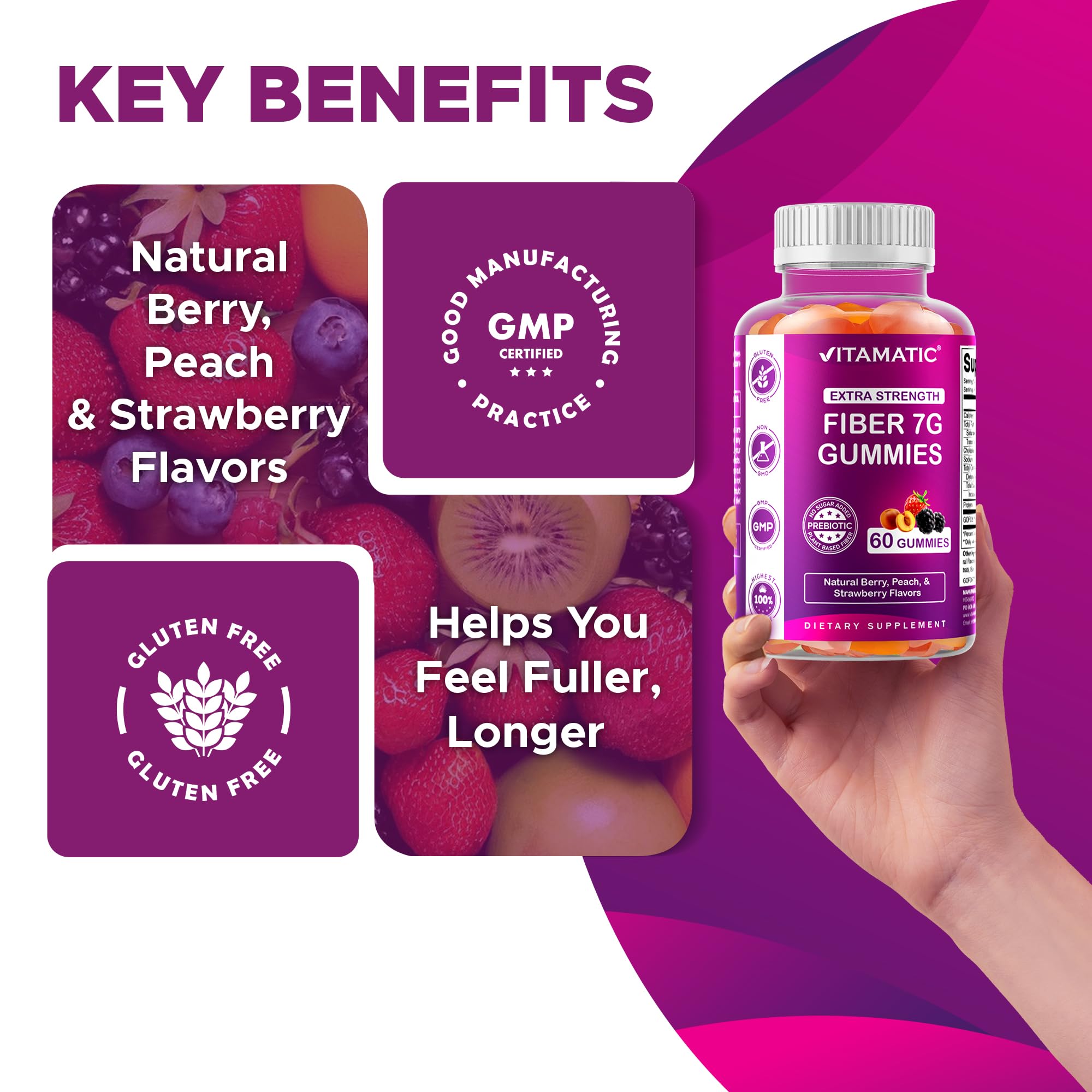 Vitamatic vegan label indicates dairy-free, plant-based gummies.