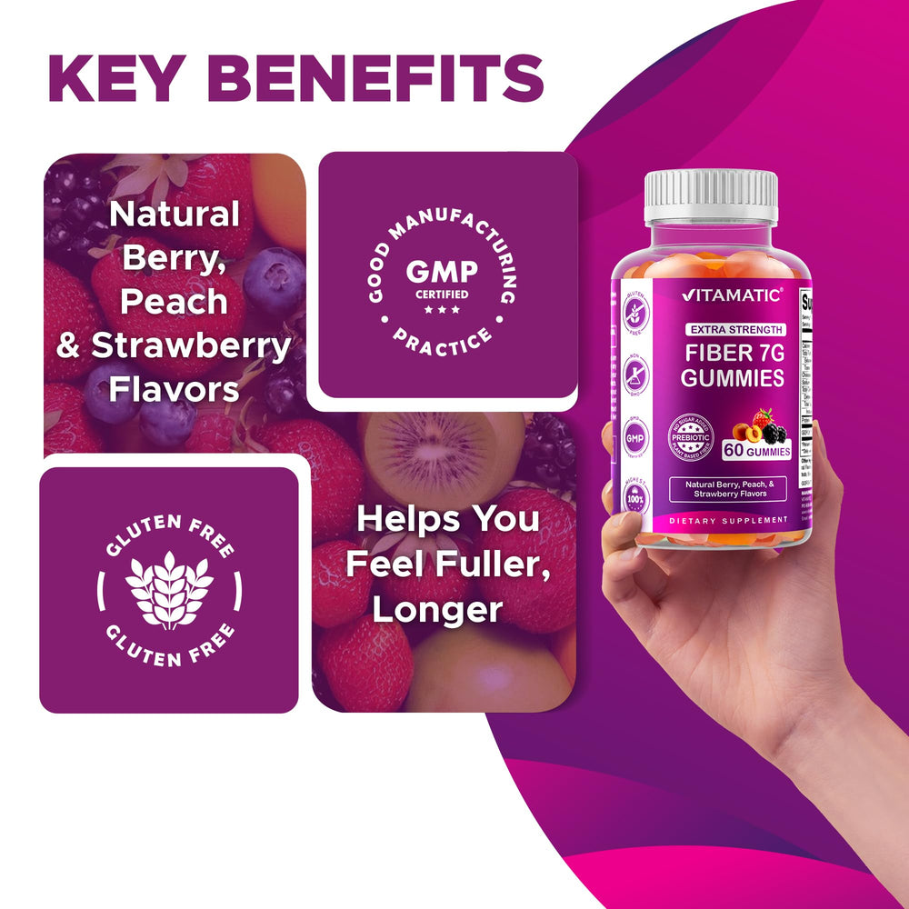 Vitamatic vegan label indicates dairy-free, plant-based gummies.