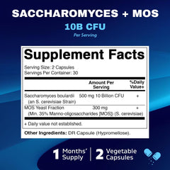 Close-up of Saccharomyces boulardii label showing 10B per serving