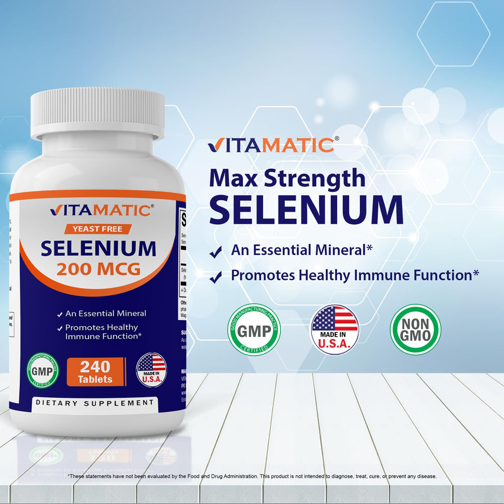 Front view of Vitamatic selenium supplement packaging – non-GMO gluten-free