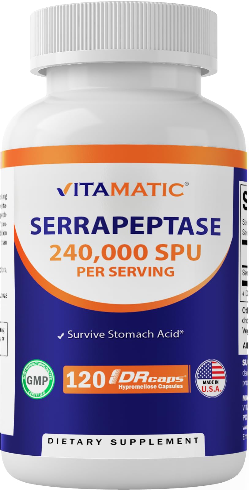 Vitamatic Serrapeptase 240000 SPU bottle with enteric-coated capsules