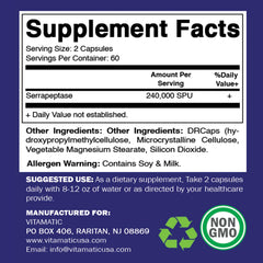 Front view of Vitamatic Serrapeptase delayed-release capsules