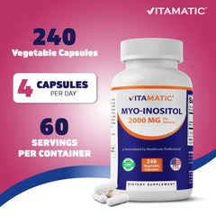 Vitamatic serving size comparison with hand and capsules showing 4-capsule daily dose