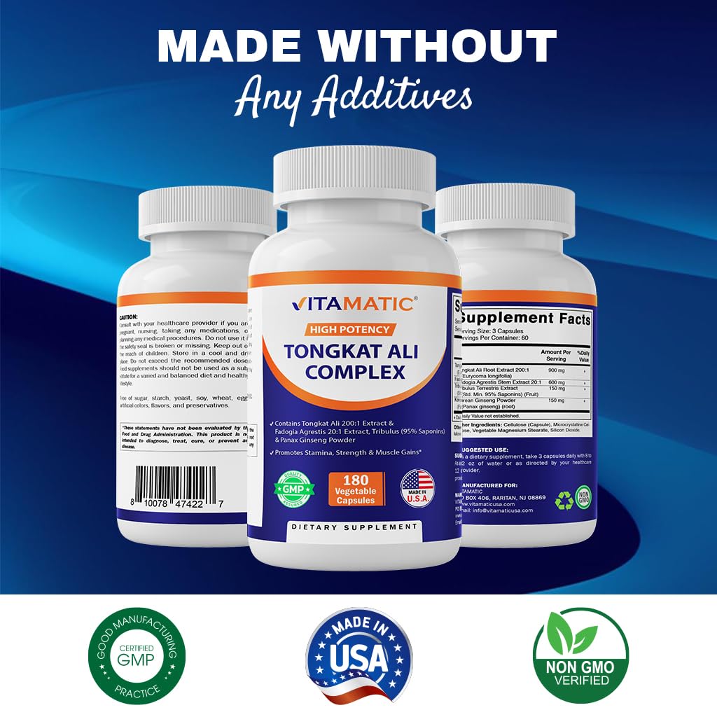 Vitamatic Tongkat Ali Non-GMO and gluten-free formula supports dietary needs