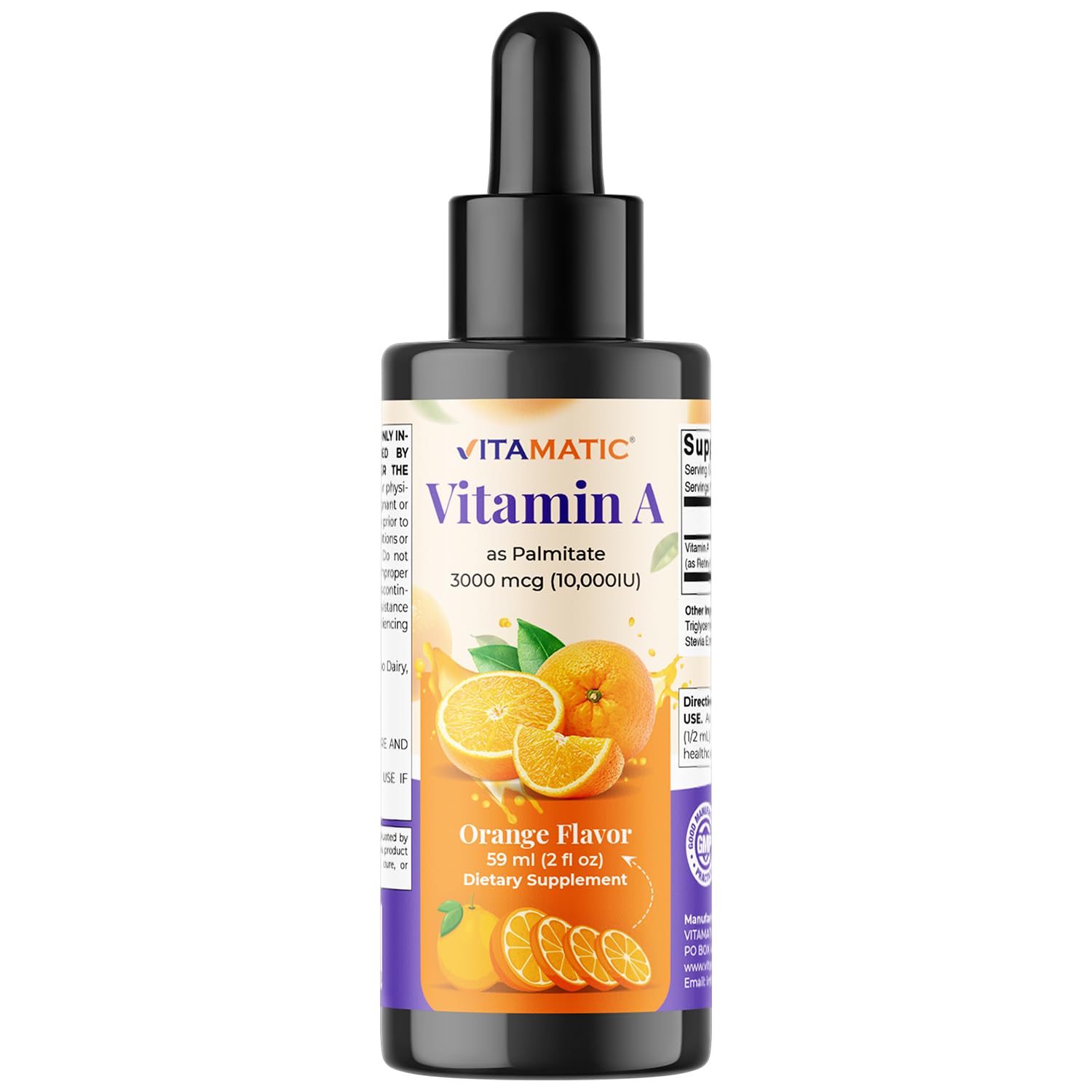 Vitamatic Vitamin A drops bottle with orange flavor label