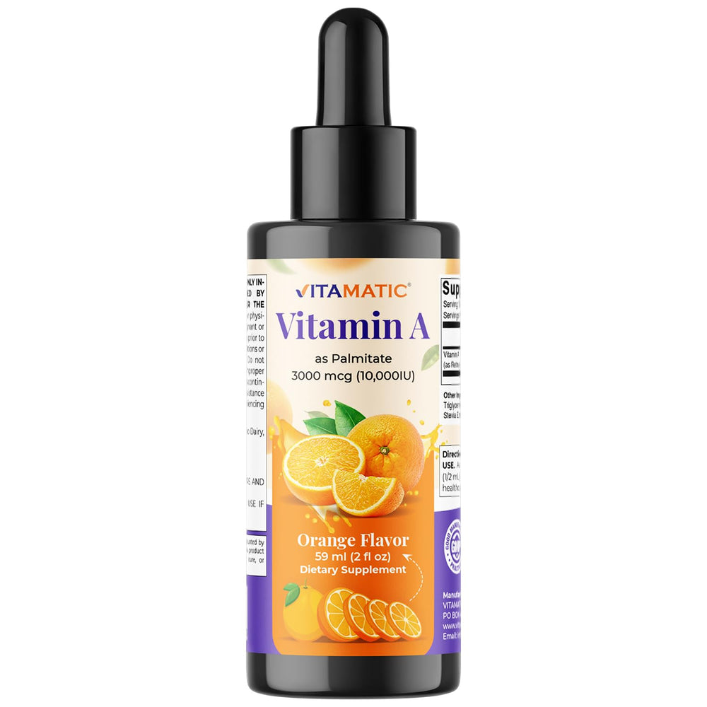 Vitamatic Vitamin A drops bottle with orange flavor label