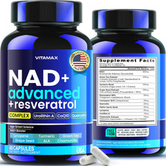 Vitamax NAD+ supplement bottle with label showing extra strength formula