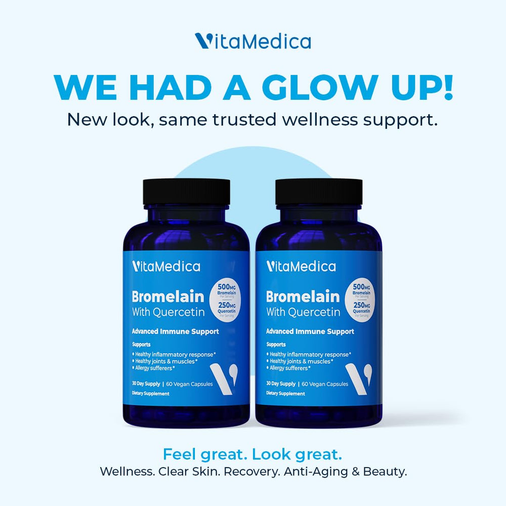 Front view of VitaMedica Bromelain & Quercetin bottle with 60 capsules