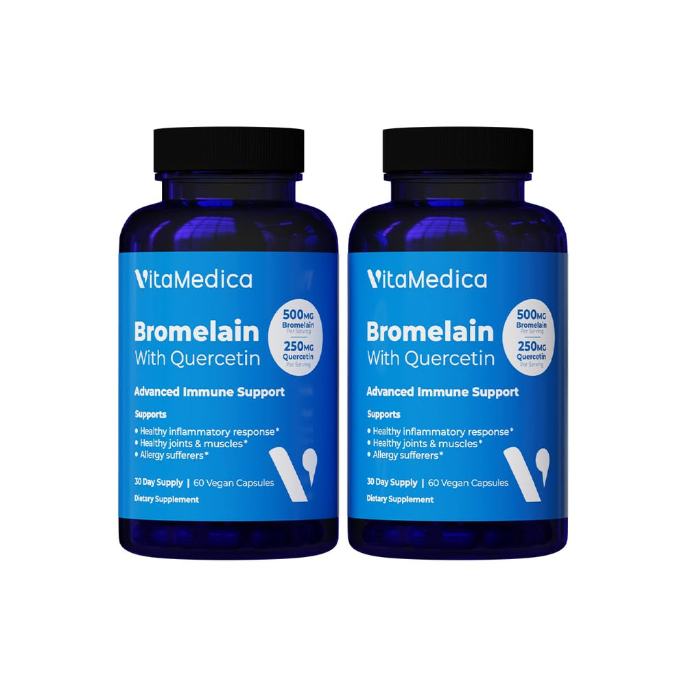 VitaMedica Bromelain & Quercetin supplement label showing 60 vegan capsules