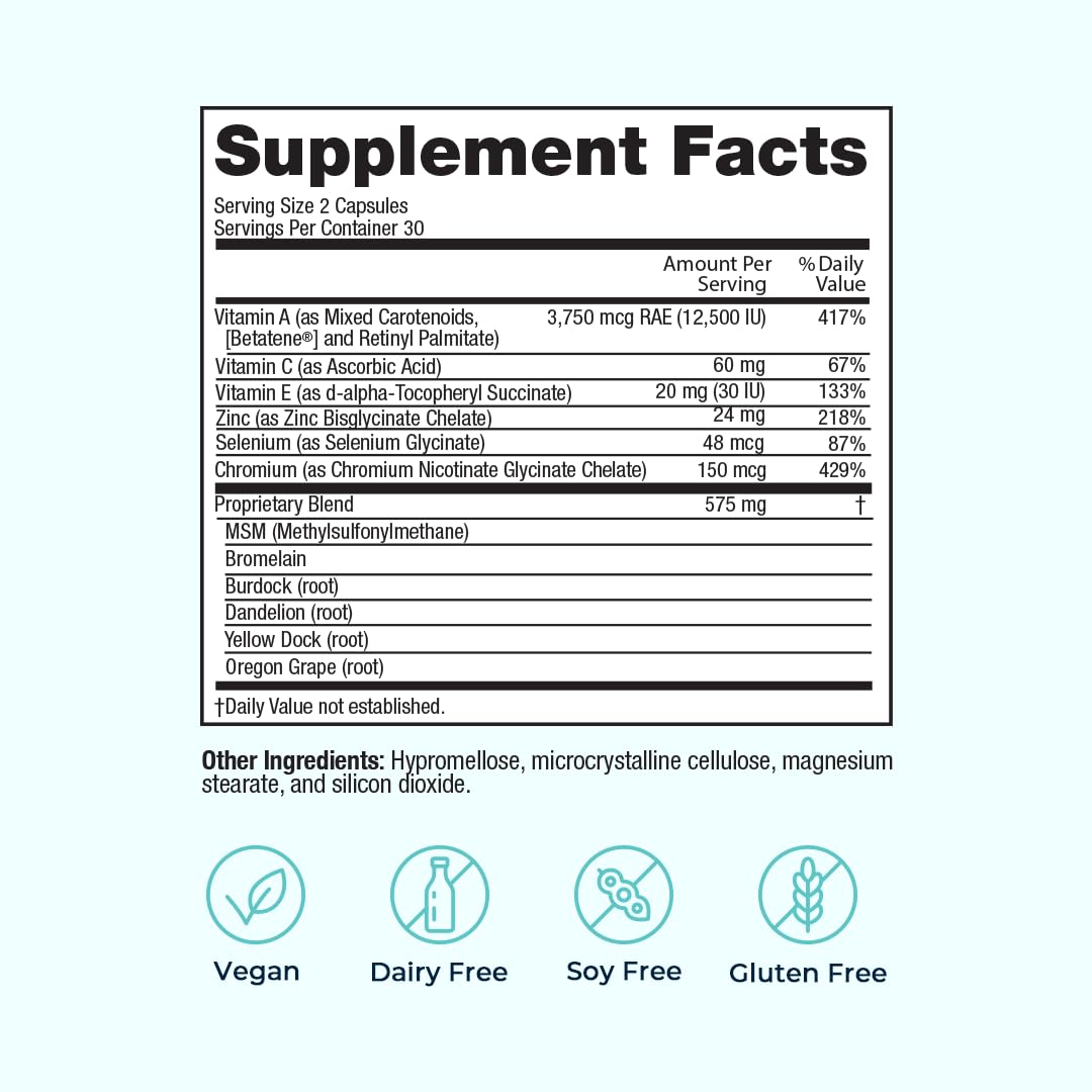 Label close-up of VitaMedica Clear Skin Vitamin Formula bottle
