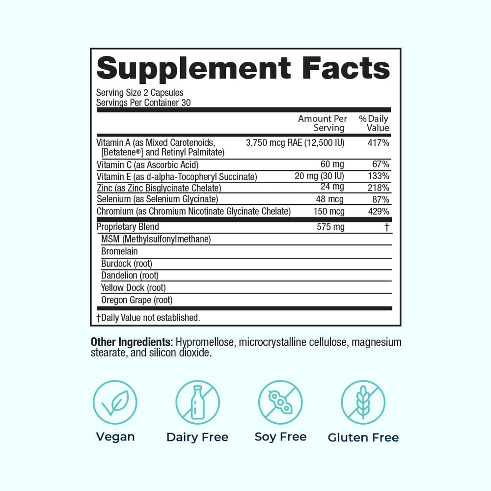 Label close-up of VitaMedica Clear Skin Vitamin Formula bottle