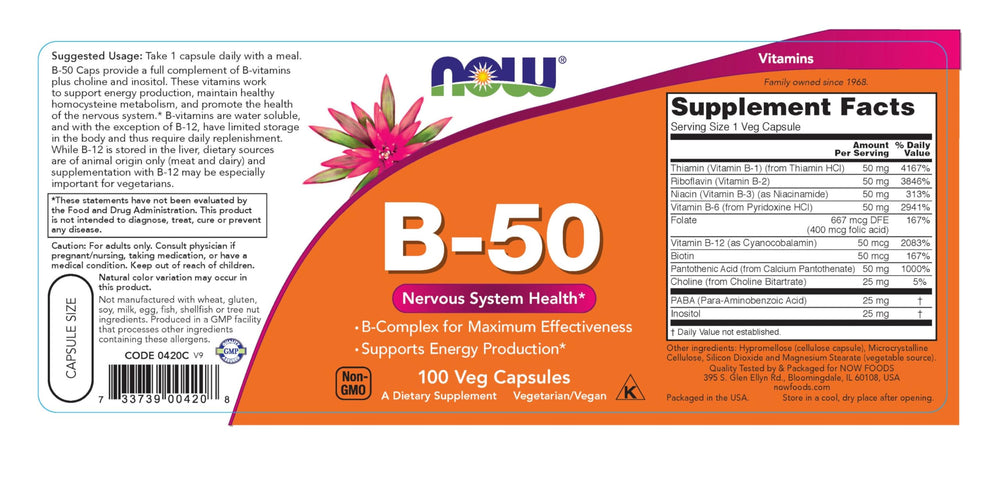 Nutritional label and capsules of Vitamin B-50mg 100 Capsules