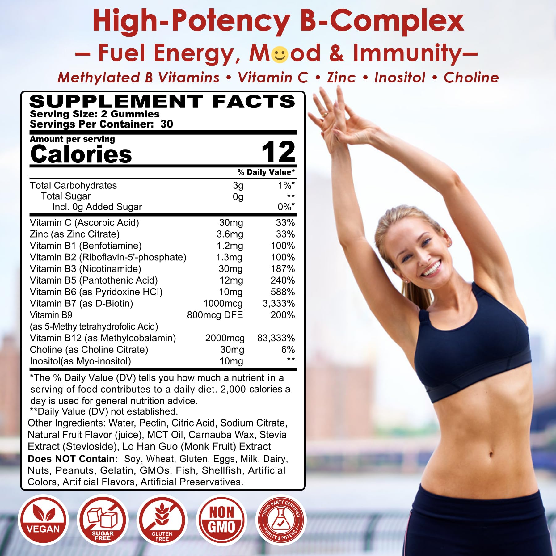 Product label showing B vitamins and 2000 mcg methyl B12