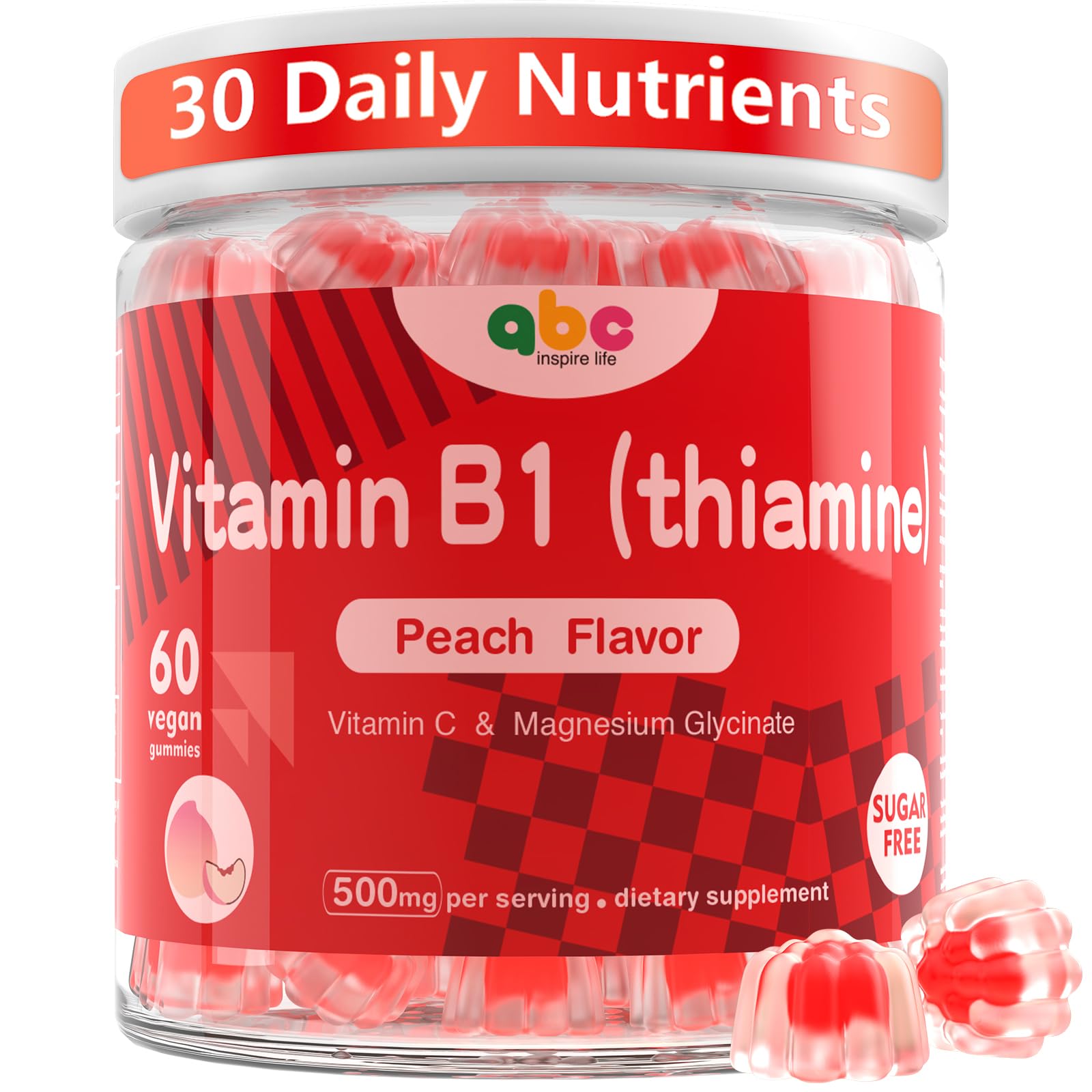 Front view of Vitamin B1 Gummies Peach flavor bottle (60 count)