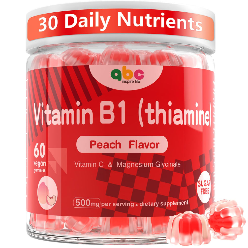 Front view of Vitamin B1 Gummies Peach flavor bottle (60 count)