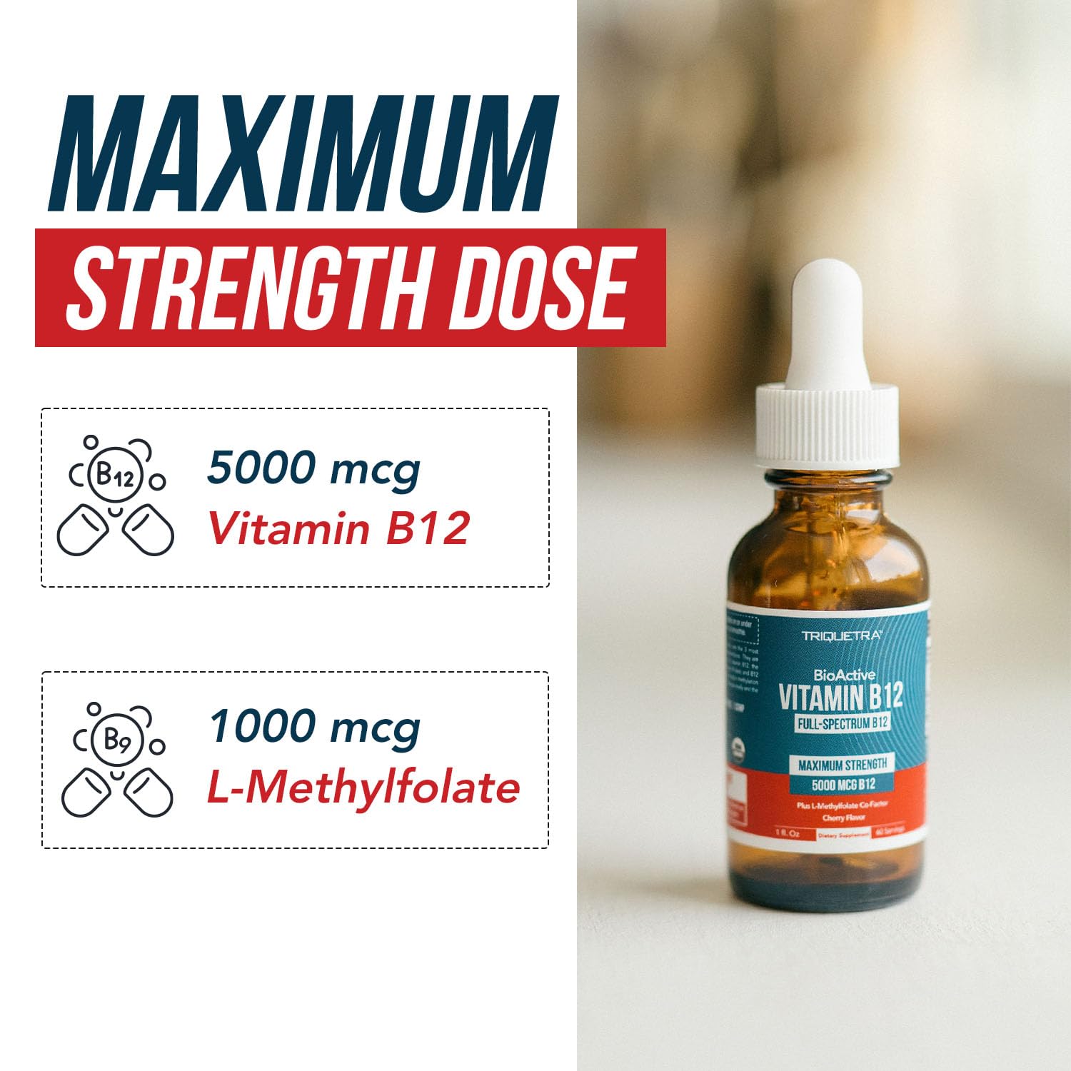 Packaging showing 5000 mcg B12 per serving on the label