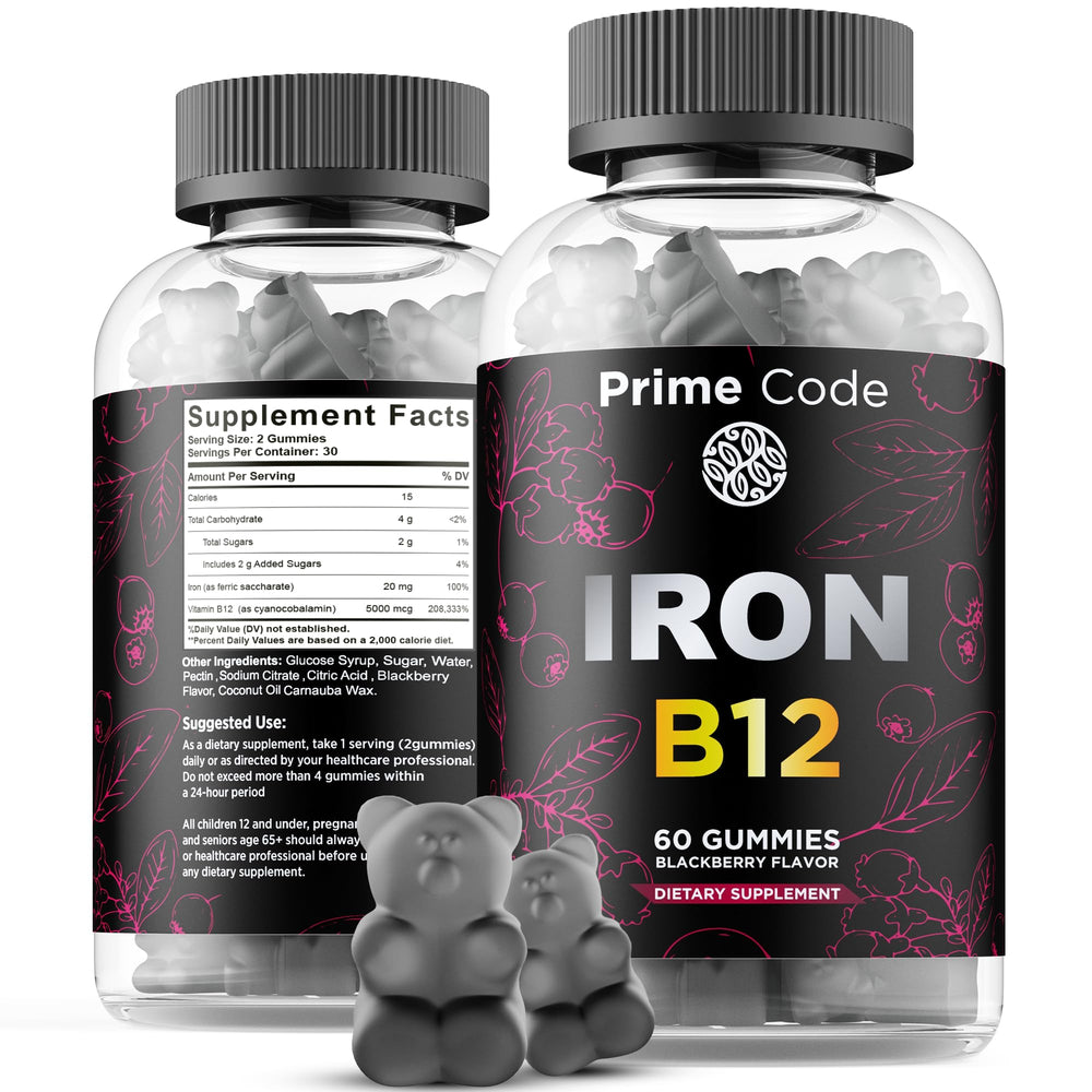 Front label of Vitamin B12 & Iron Gummies with Blackberry flavor