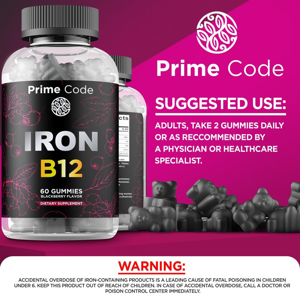 Nutrition facts panel for gluten-free Vitamin B12 & Iron Gummies