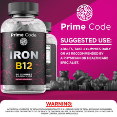 Nutrition facts panel for gluten-free Vitamin B12 & Iron Gummies