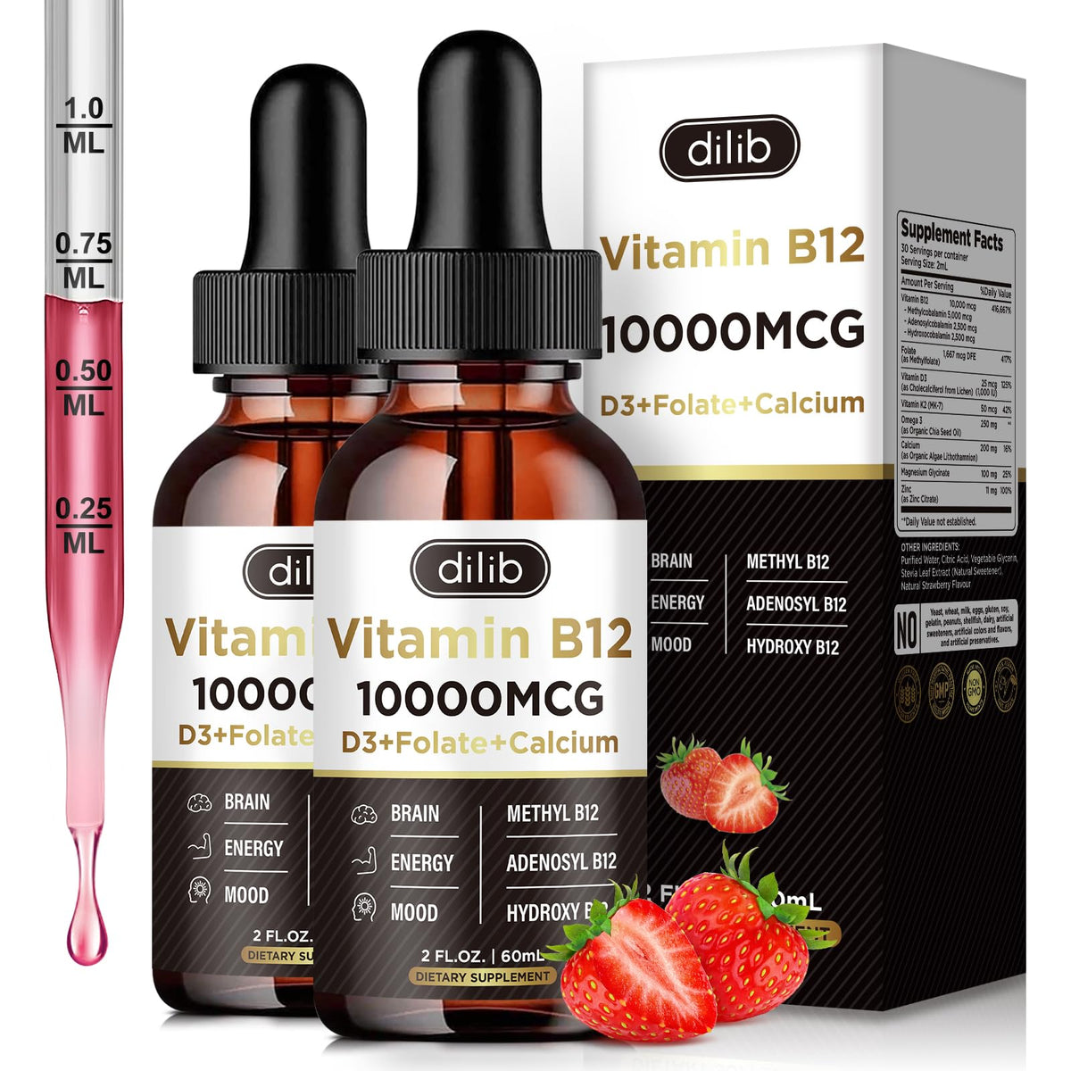 Bottle of Vitamin B12 liquid drops with strawberry flavor