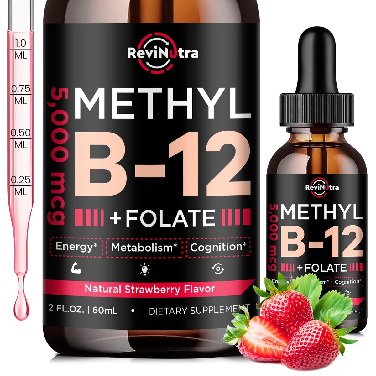 Bottle of Vitamin B12 liquid drops with strawberry flavor, 2oz