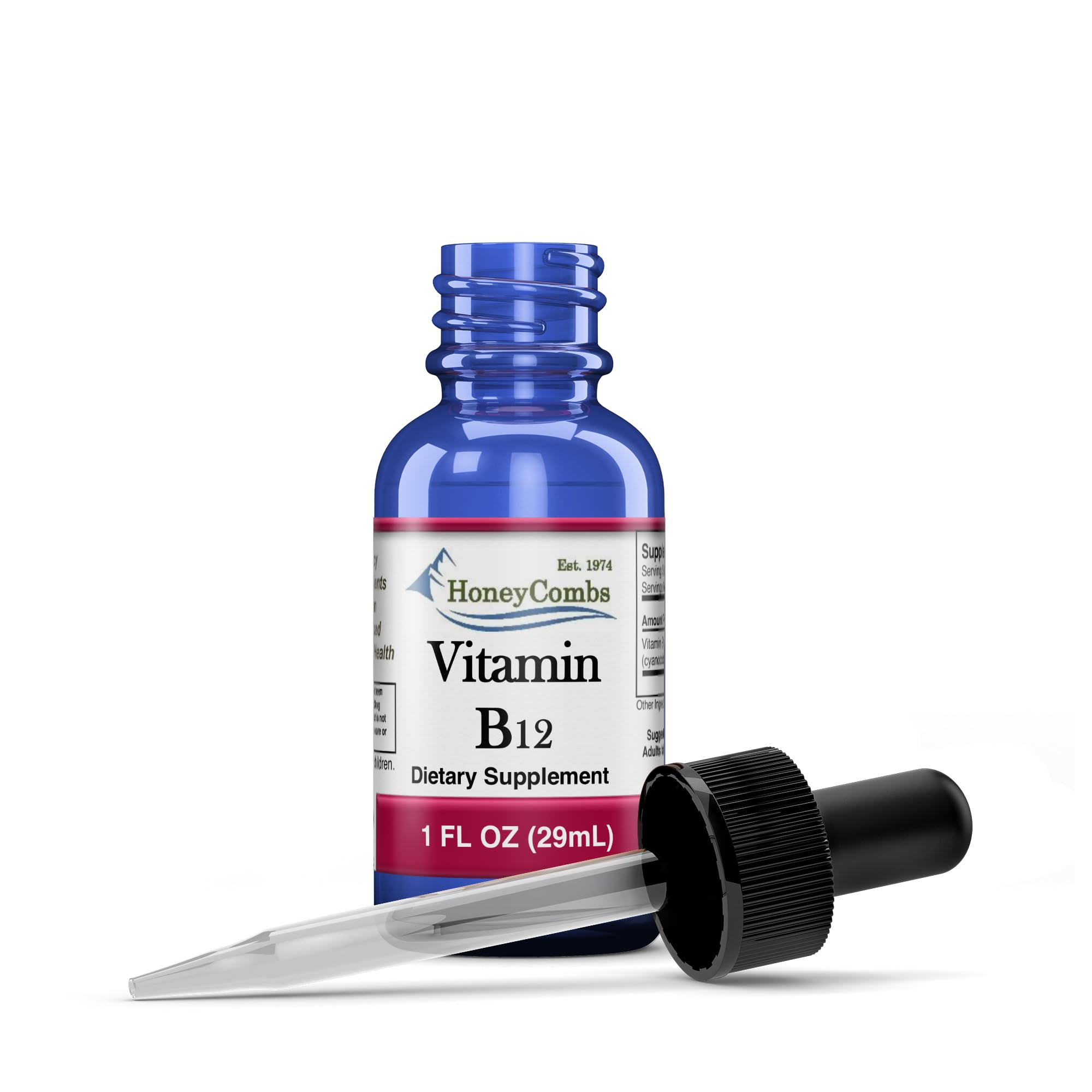 Bottle of Vitamin B12 liquid drops made in the USA with cyanocobalamin and 36 servings per container.
