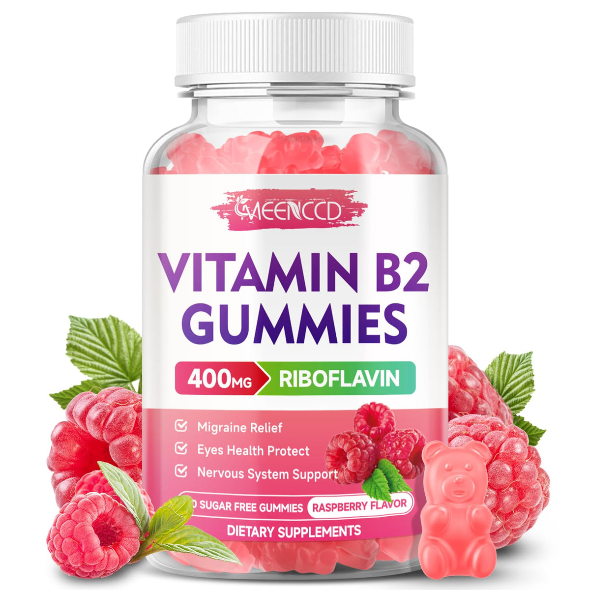 Bottle of Vitamin B2 Gummies Riboflavin 400mg with Magnesium in Raspberry flavor