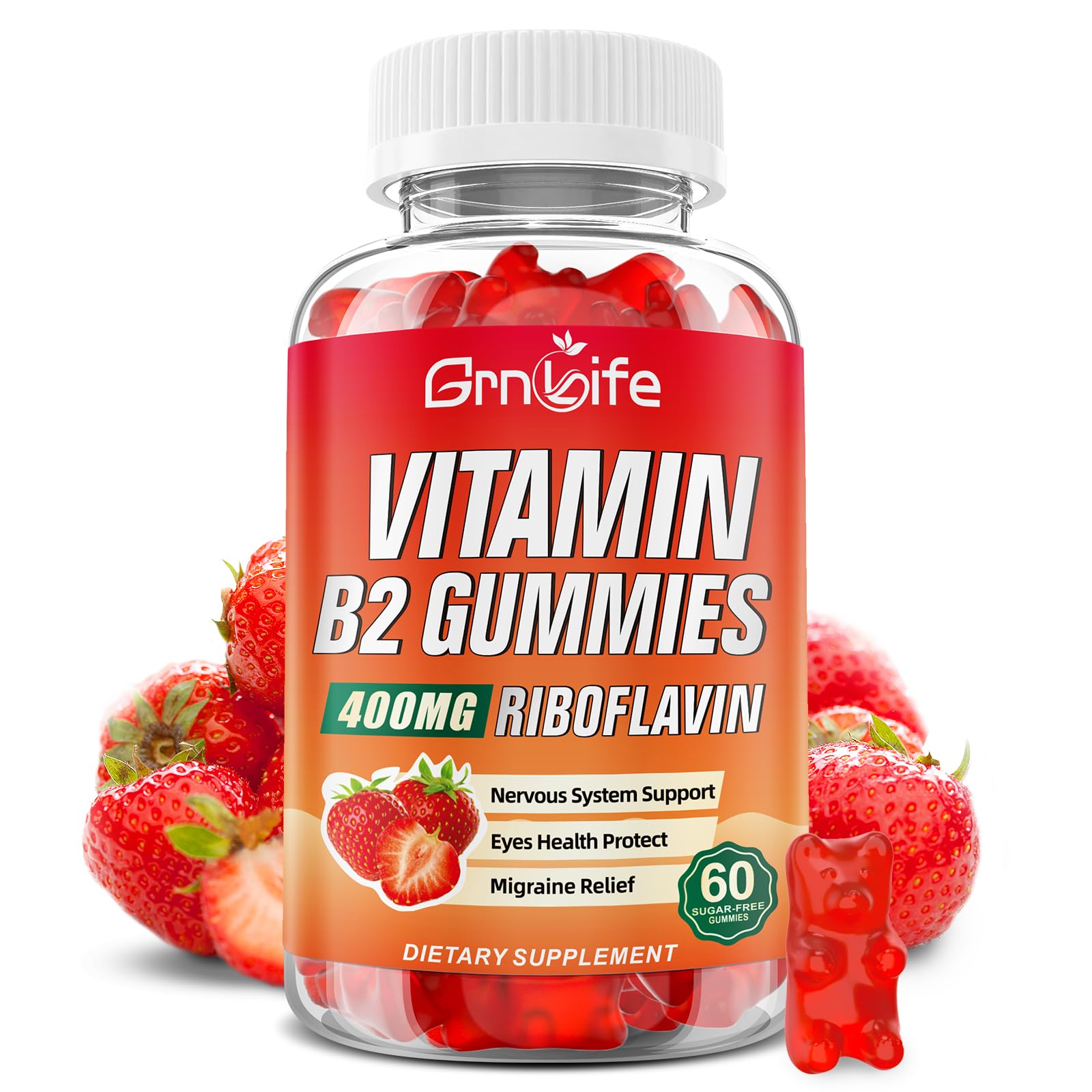 Strawberry Vitamin B2 Gummies bottle label with riboflavin 400mg – 60 count