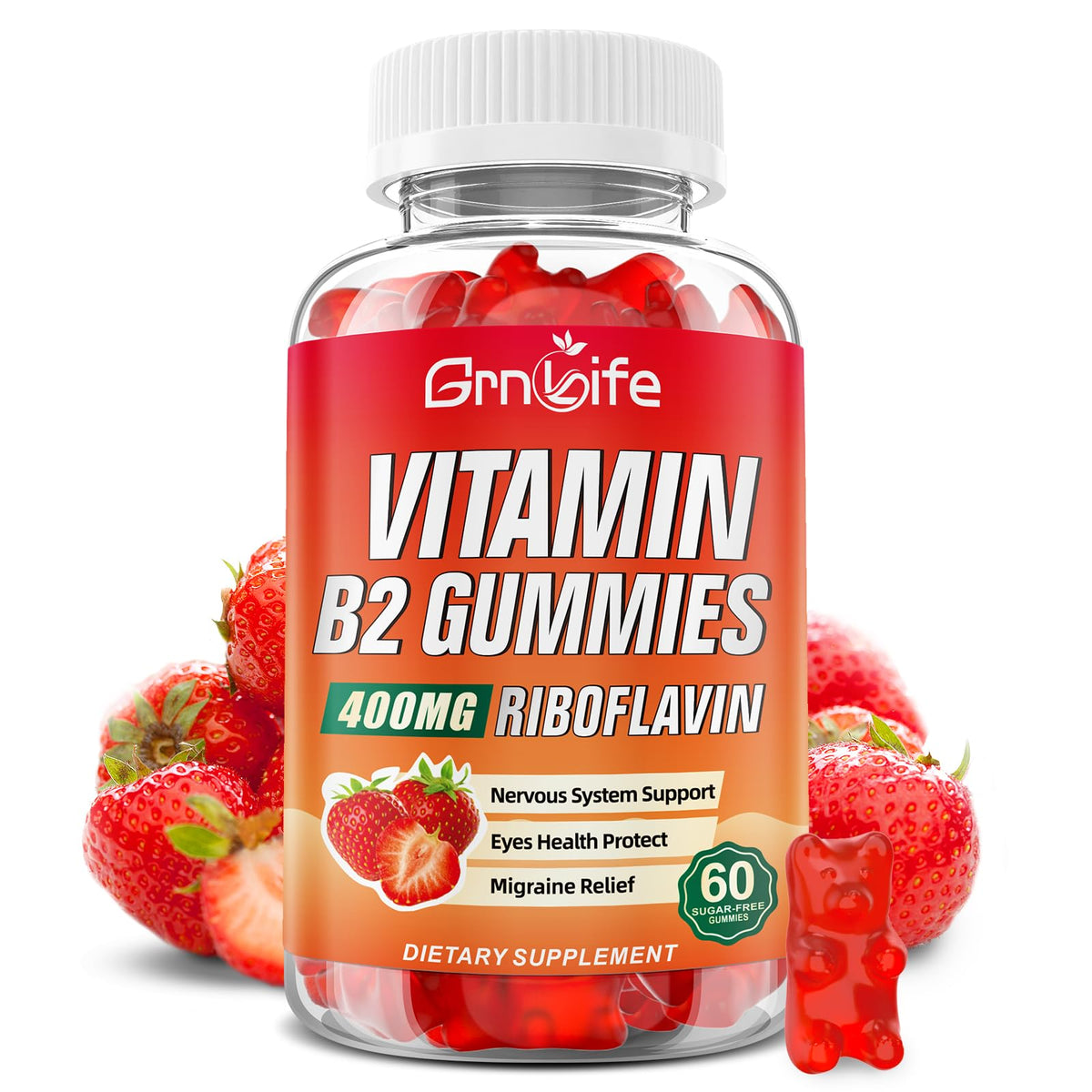 Strawberry Vitamin B2 Gummies bottle label with riboflavin 400mg – 60 count