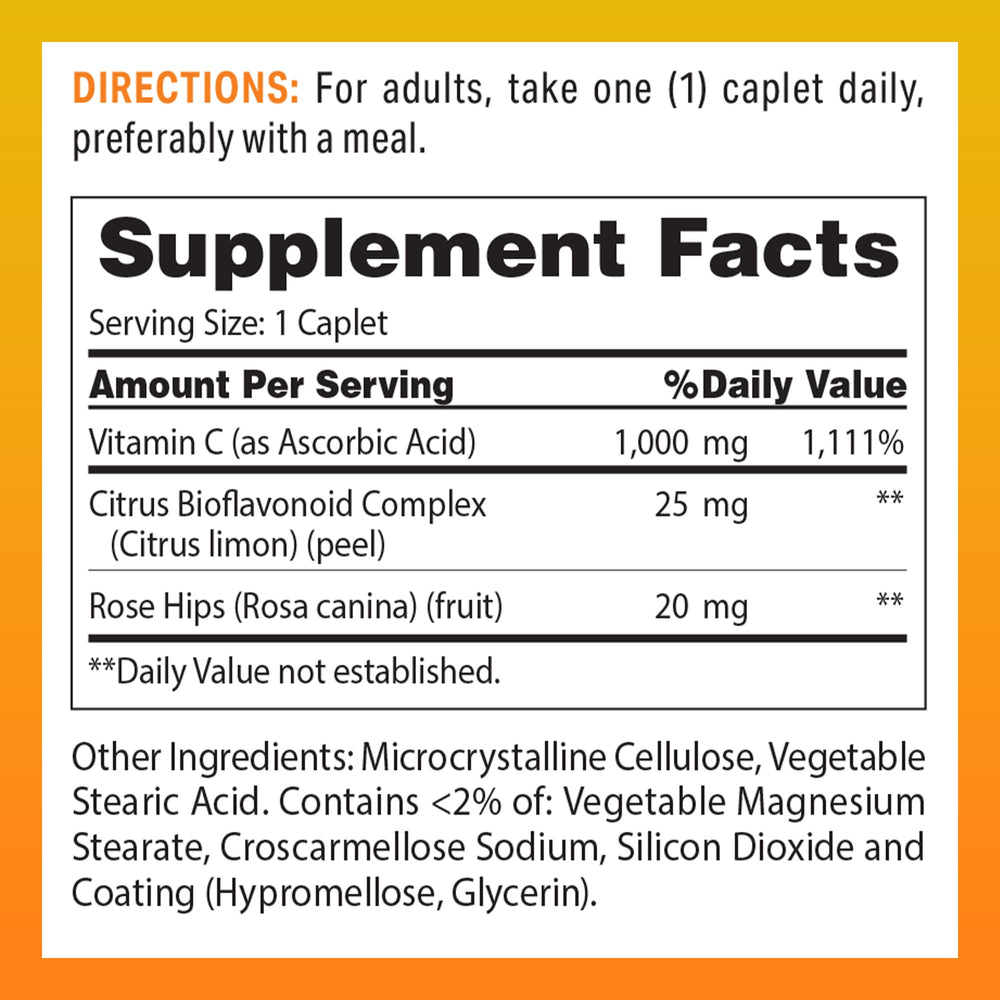 Product label and back view of Vitamin C 1000 mg with Citrus Bioflavonoids & Rose Hips – caplets
