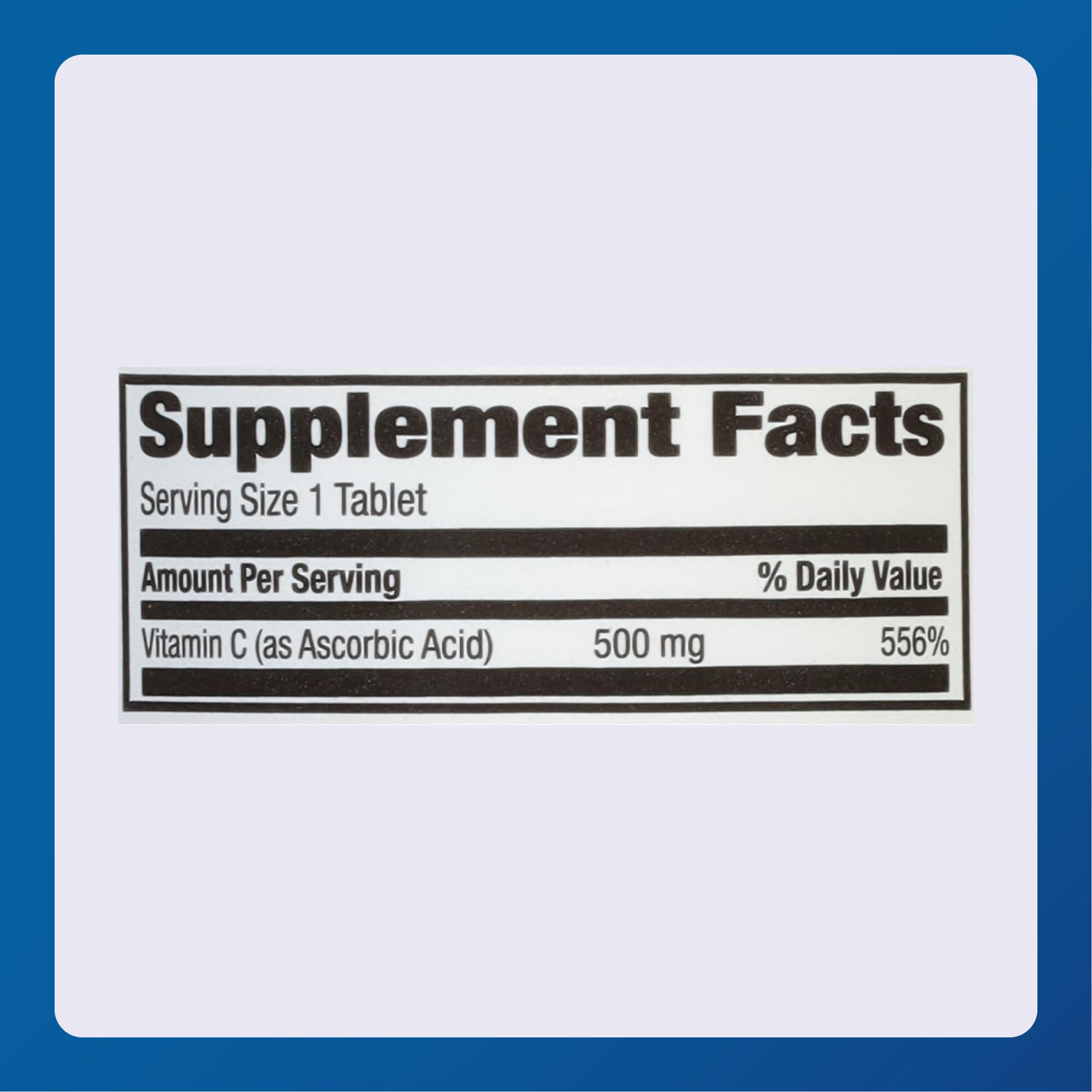 Ingredients panel showing 500 mg vitamin C as ascorbic acid