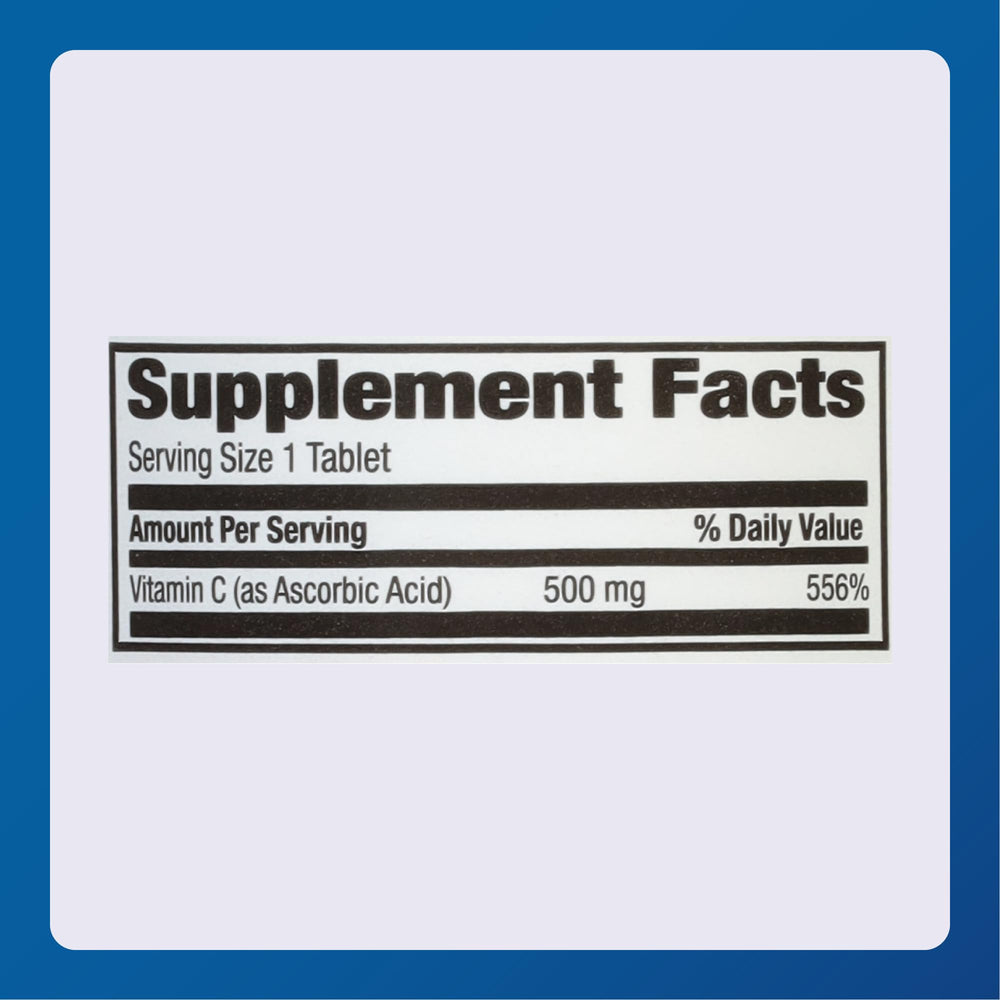 Ingredients panel showing 500 mg vitamin C as ascorbic acid