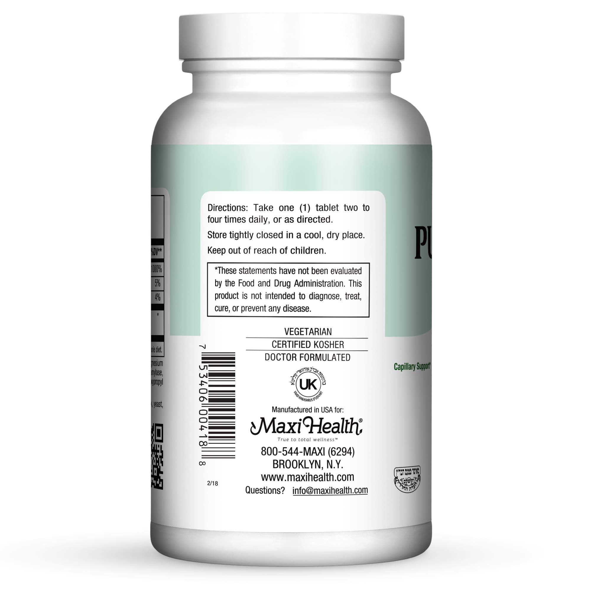 Supplement facts panel for Pure-C Bio 600 Vitamin C with calcium and phosphorus