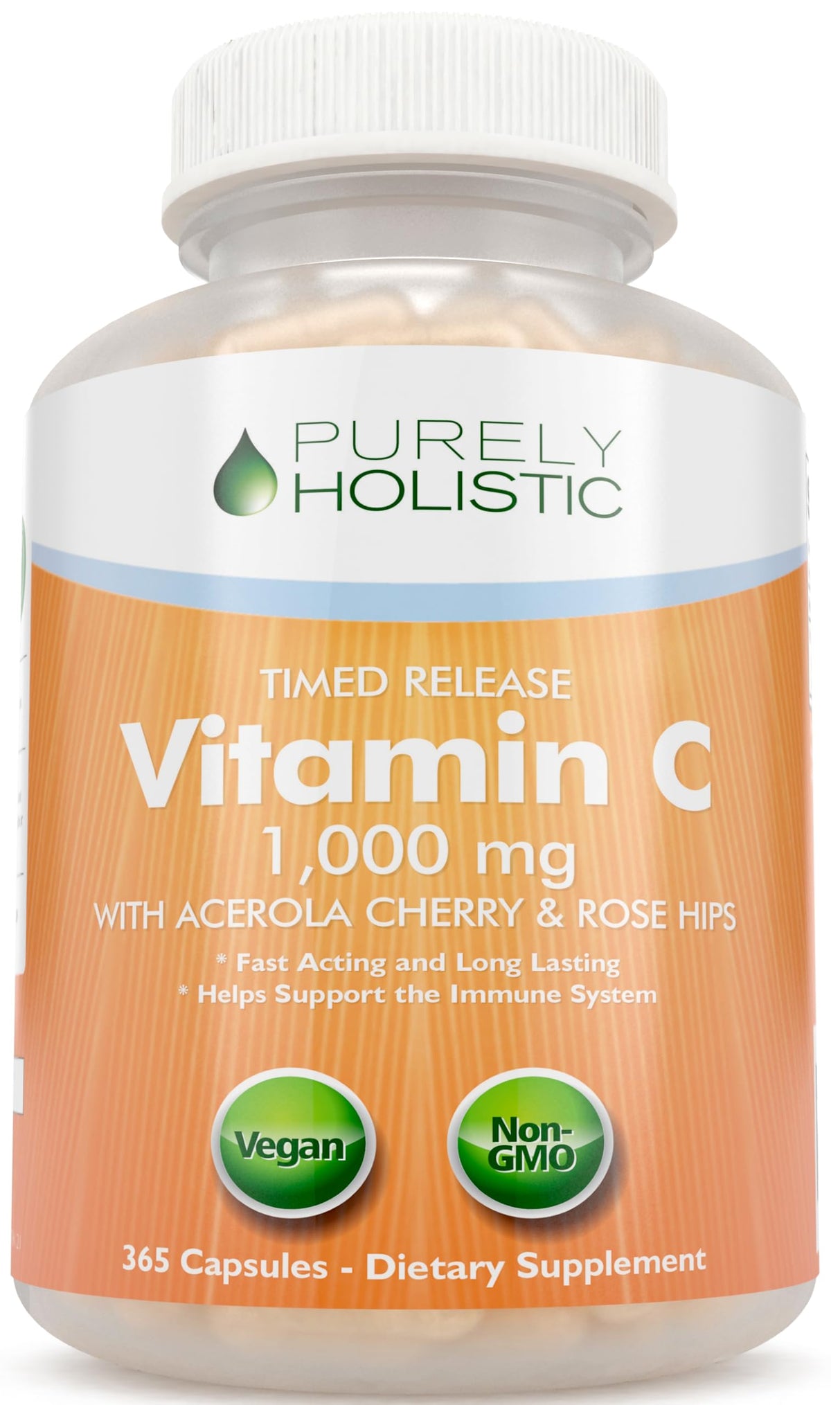 Bottle of Purely Holistic Vitamin C 1000mg Timed Release with 365 vegan capsules