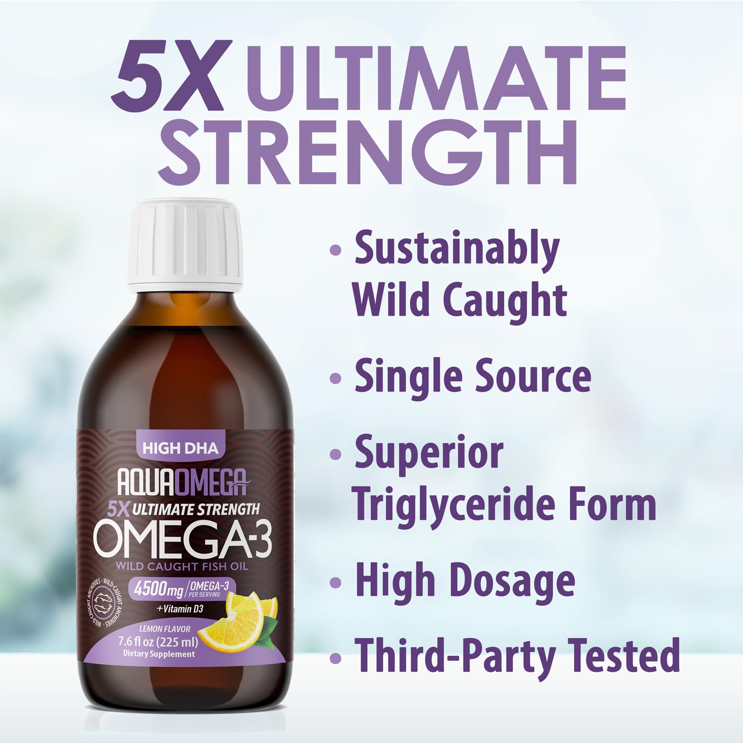 Omega-3 liquid with added Vitamin D in lemon flavor