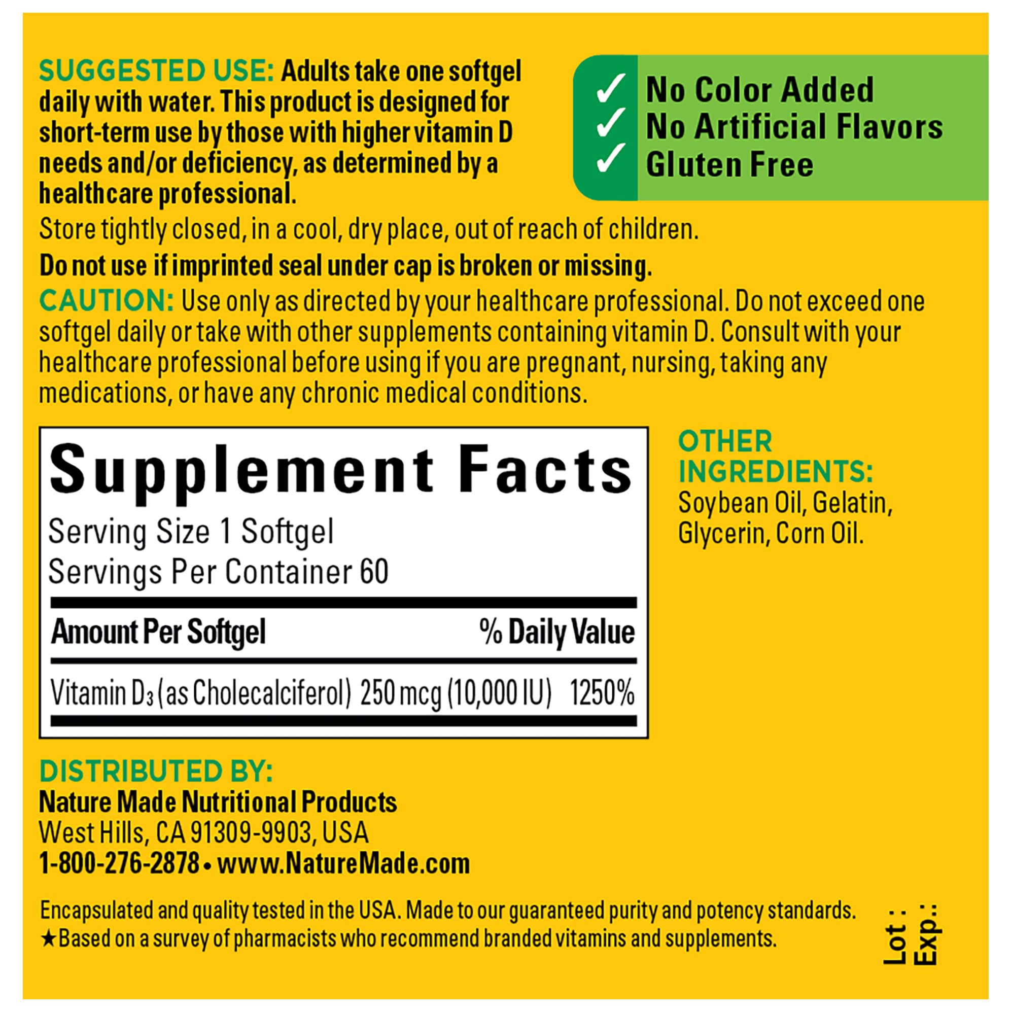 Nutrition label for Vitamin D3 10000 IU softgels