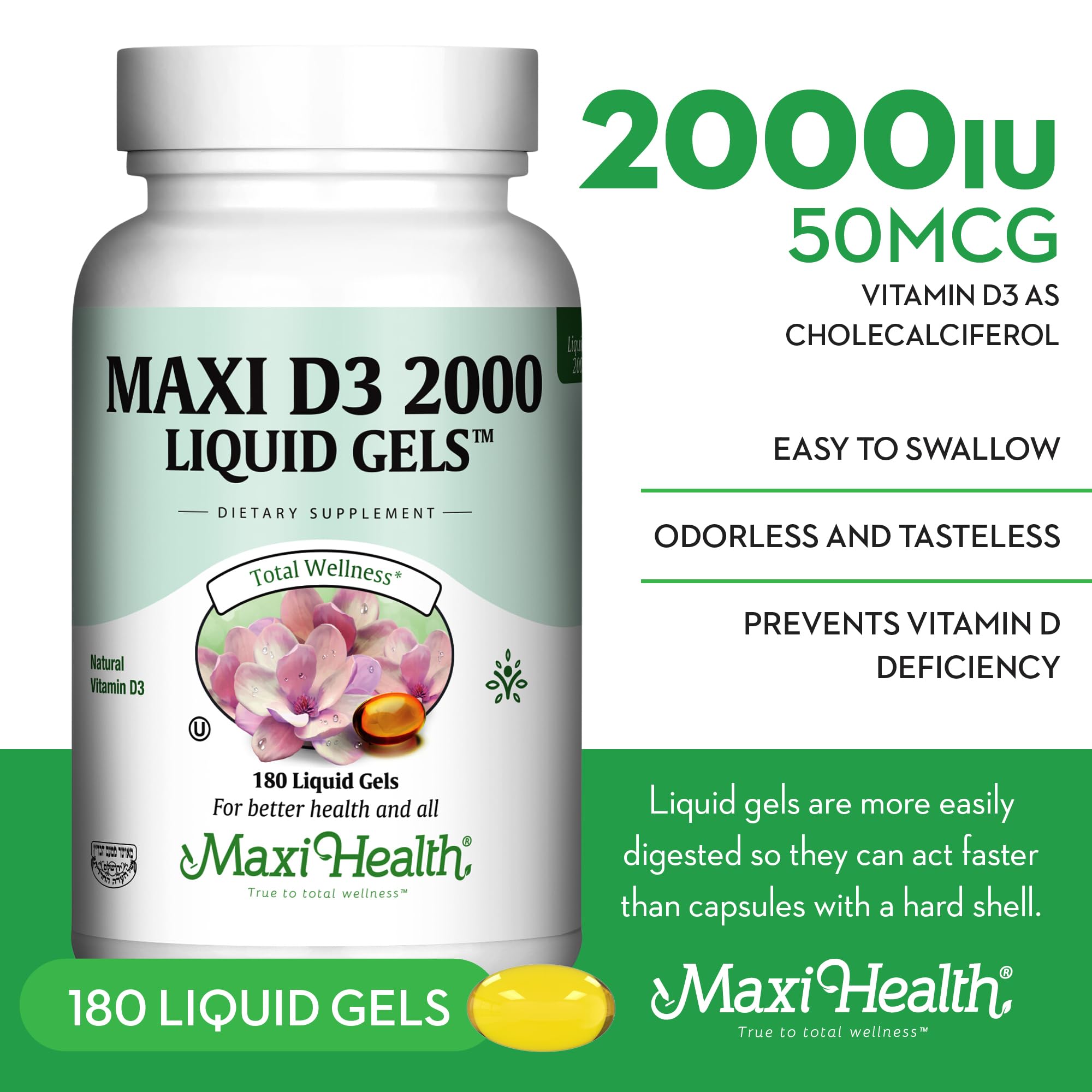 Vitamin D3 2000IU aids calcium absorption for bones and teeth