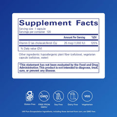 Bottle of Pure Encapsulations Vitamin D3 25 mcg (1000 IU)