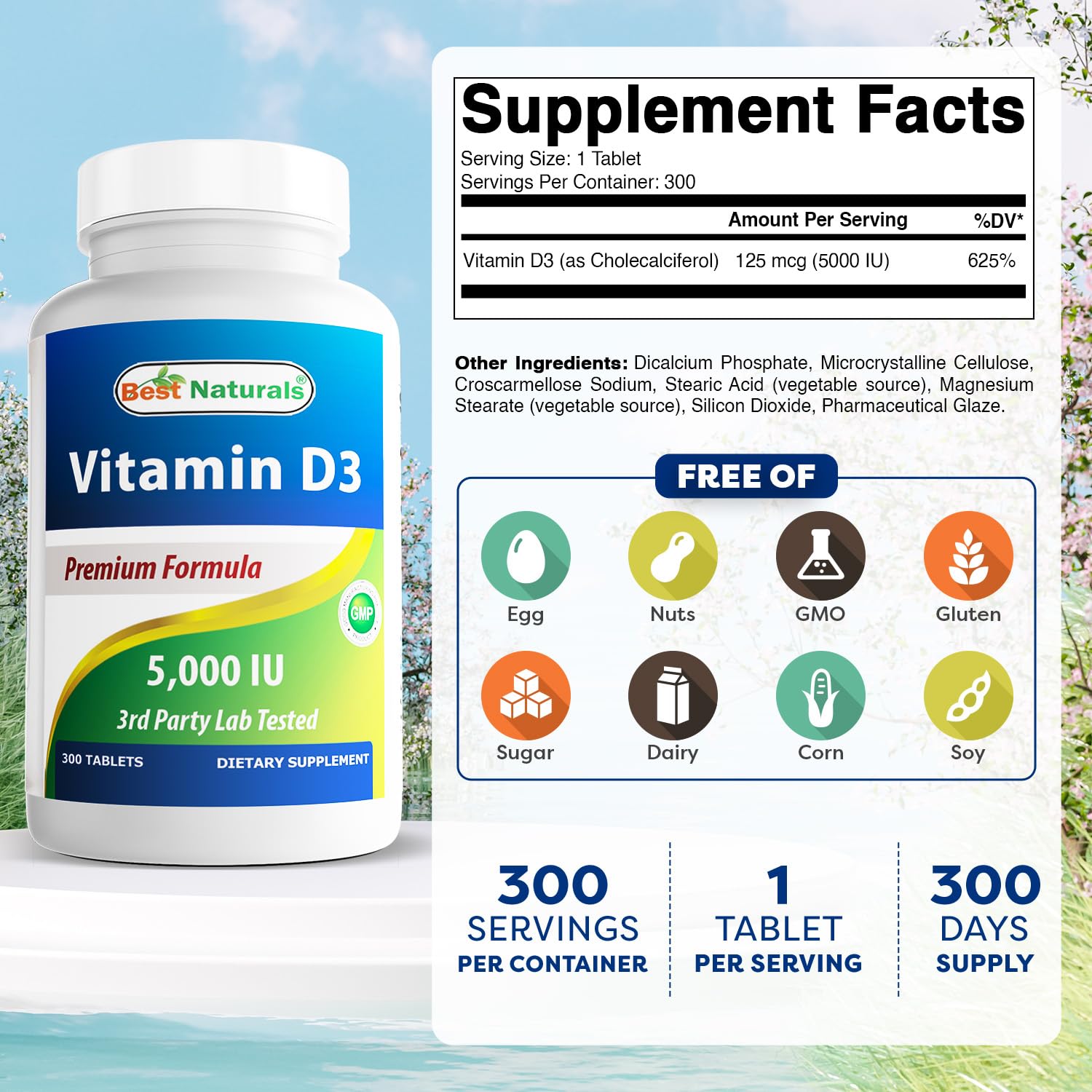 Front view of Best Naturals Vitamin D3 5000 IU bottle