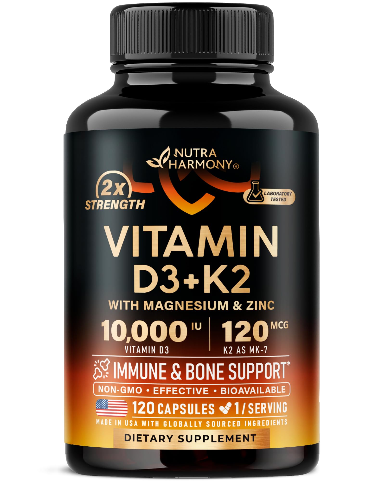 Vitamin D3 K2 bottle front view - 120 capsules