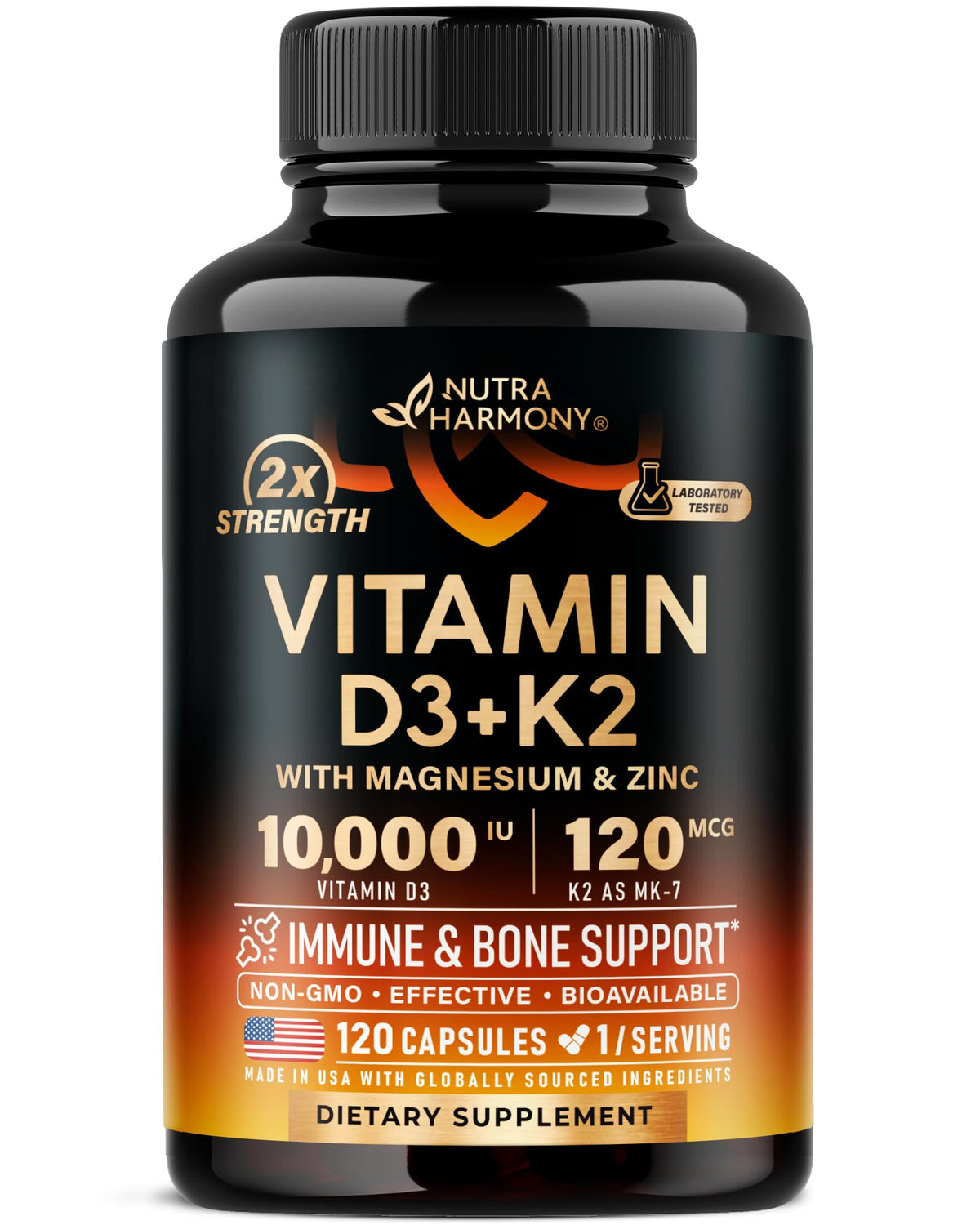 Vitamin D3 K2 bottle front view - 120 capsules