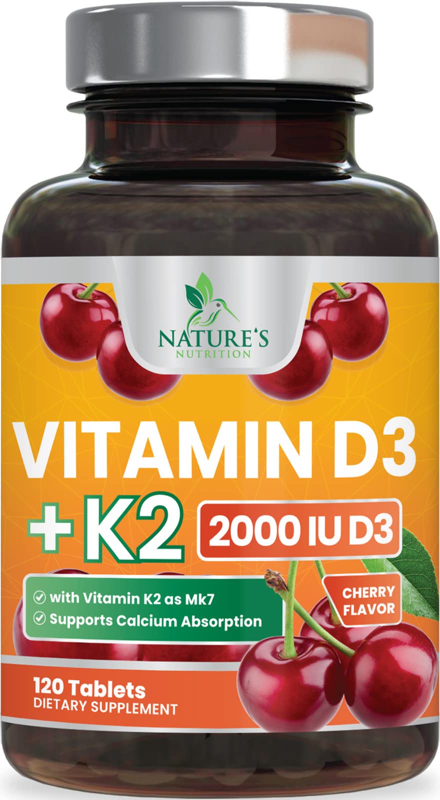 Bottle and tablets of Vitamin D3 K2 2000 IU (120 tablets) - front view