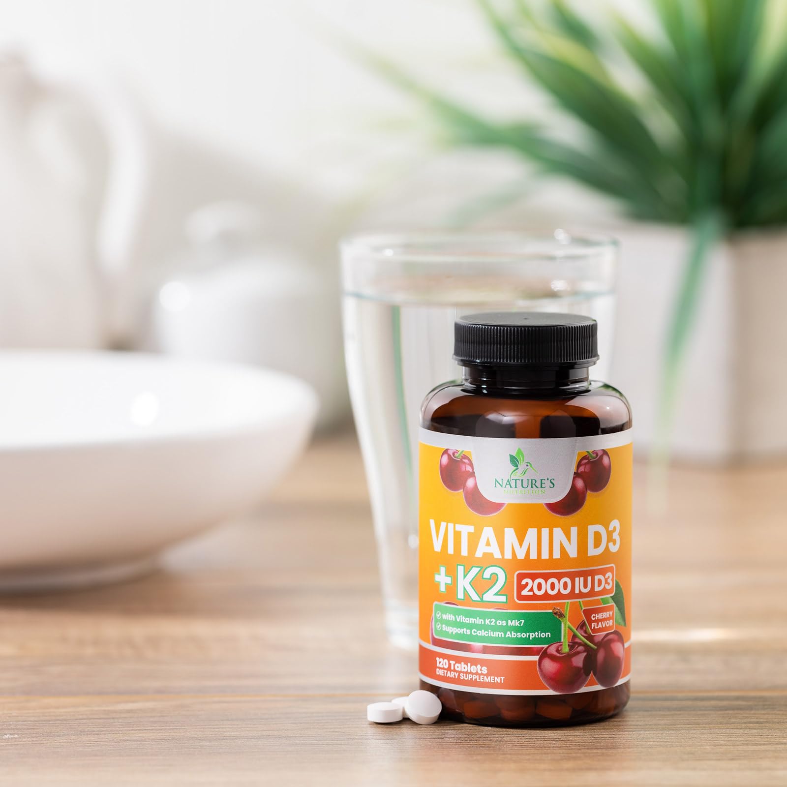 Non-GMO and third-party tested badge on Vitamin D3 K2 bottle